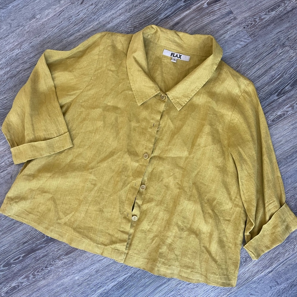 FLAX | Mustard Yellow Linen Button Down Shirt Lagenlook